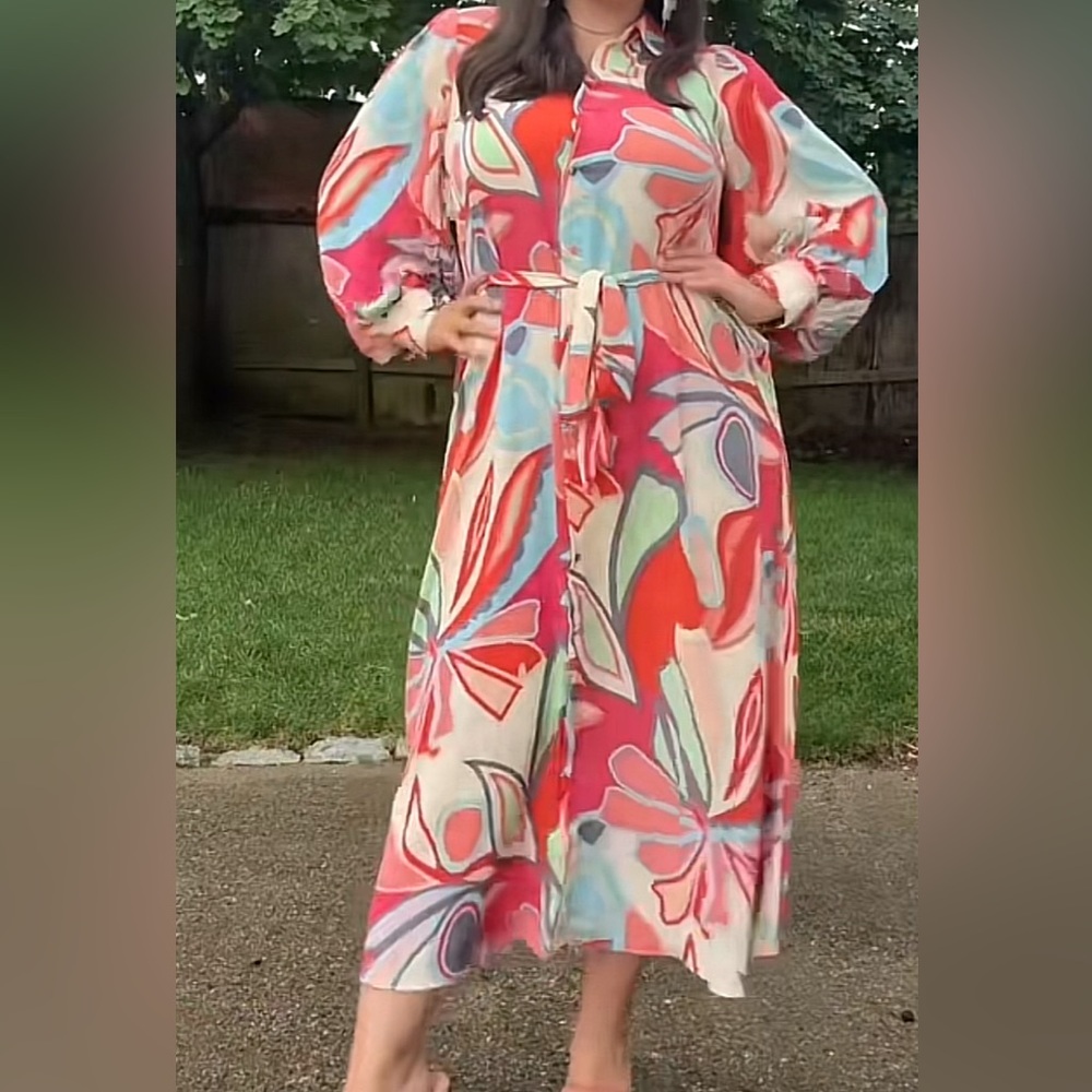 Alexis for target retro print Buttoned Belted Long Sleeve Dress